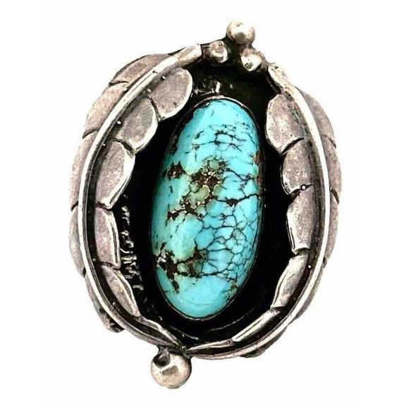 Vintage Sterling Silver Turquoise Feather Large Ring Old...